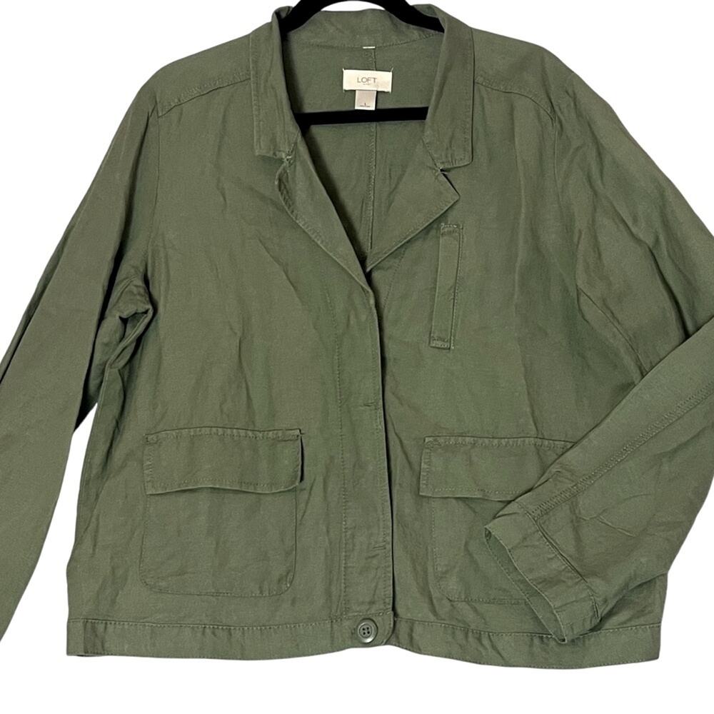 Linen Jacket Womens Large Olive Army Green Lagenlook Utility Blazer Spring Loft